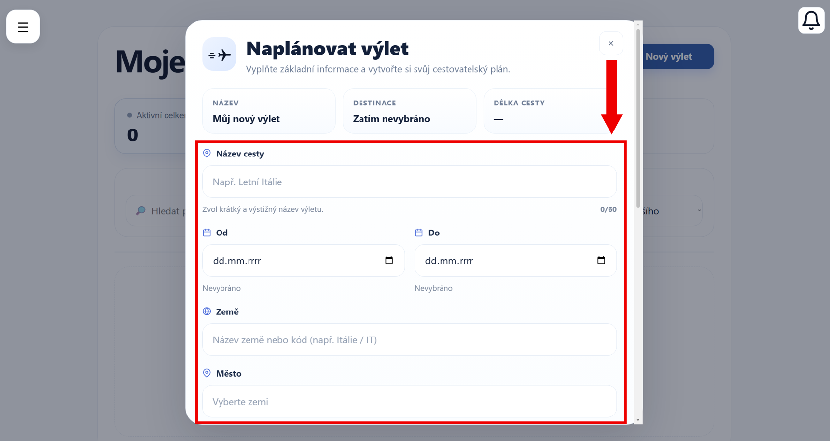 Formulář pro vytvoření výletu
